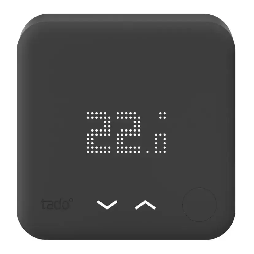 Square tado° thermostat with a digital temperature display and touch controls.